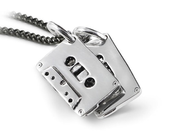 Cassette Tape Necklace - Antique Silver Cassettes Pendant - 80's Necklace
