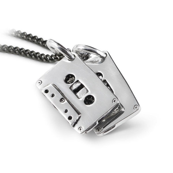 Collier de cassettes - Pendentif cassettes en argent antique - Collier des années 80