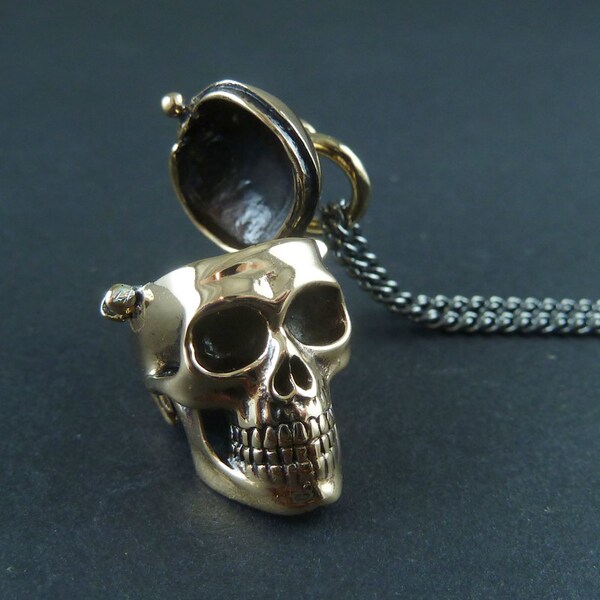 Skull Locket - Bronze Human Skull Locket on 24" Gunmetal Chain