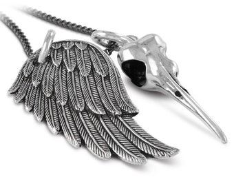 Gothic Necklace - Hummingbird Skull & Angel Wing Necklace - Antique Silver Bird Skull and Wing Pendant