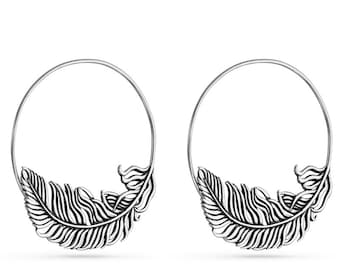 Silver Feather Hoop Earrings - Feather Hoop Earrings