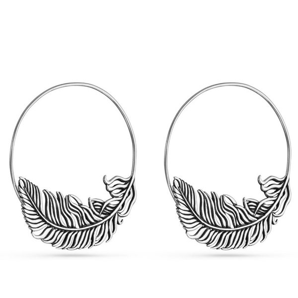 Silver Feather Hoop Earrings - Feather Hoop Earrings