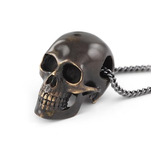 Black Skull Necklace - Bronze Human Skull Pendant - Skull Necklace