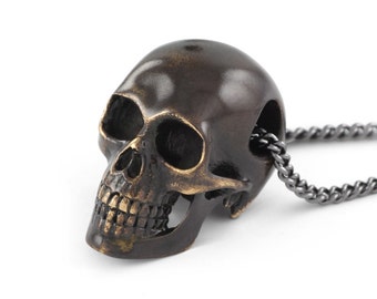 Black Skull Necklace - Bronze Human Skull Pendant - Skull Necklace