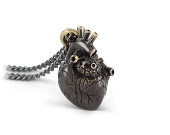 Small Black Heart Necklace - Small Anatomical Heart Pendant - Small Black Anatomical Heart