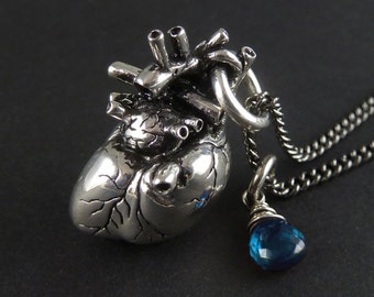 December Birthstone - Anatomical Heart Necklace with Sterling Silver Wire-Wrapped Blue Topaz