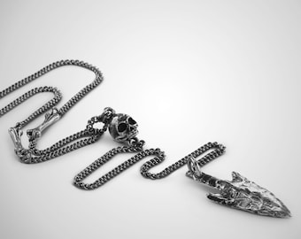Arrowhead and Skull Necklace - Antique Silver Arrowhead with Skull and Bones Necklace