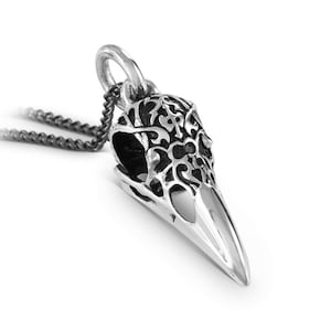 Raven Skull Necklace - Antique Silver Ornate Bird Skull Pendant with Tribal Motif