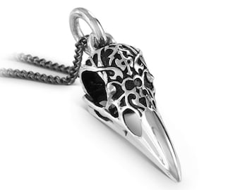 Raven Skull Necklace - Antique Silver Ornate Bird Skull Pendant with Tribal Motif