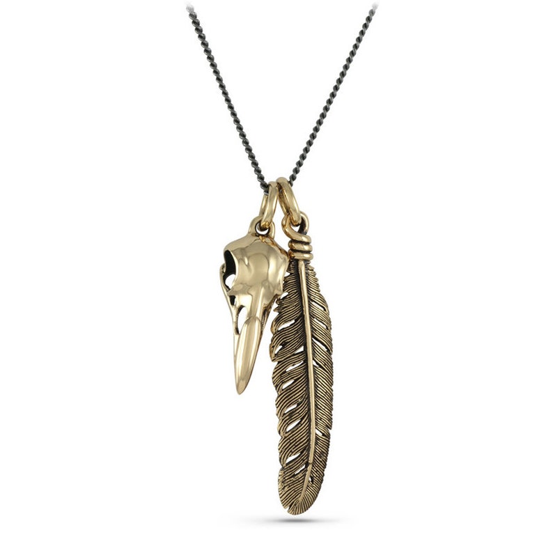 Bird Skull and Feather Necklace Bronze Raven Skull and Feather Pendant image 2
