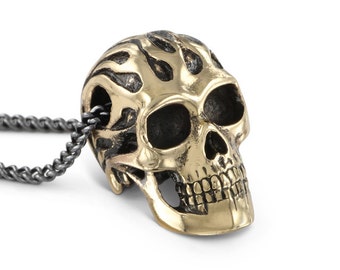 Flaming Skull Necklace - Bronze Flaming Skull Pendant