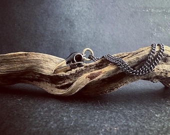 Tiny Black Raven Skull Pendant Necklace in Bronze