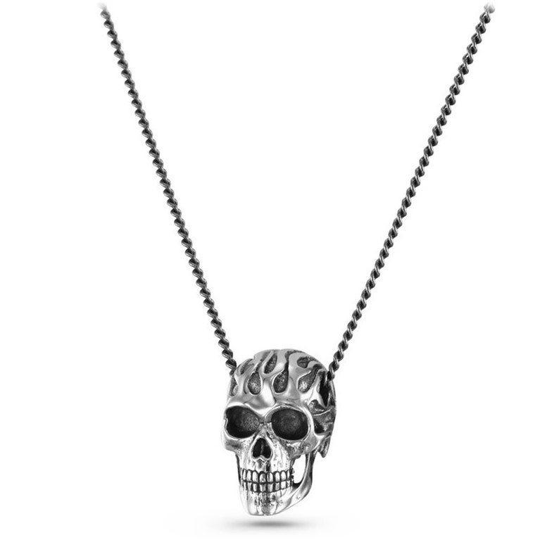 Flaming Skull Necklace Antique Silver Flaming Skull Pendant image 2