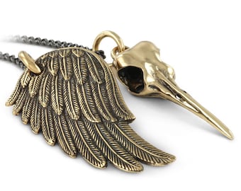 Bird Skull & Wing Necklace- Bronze Hummingbird and Wing Pendant - Wing Necklace