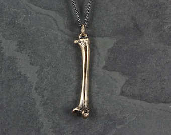 Femur Bone Necklace - Bronze Raven Femur Bone Pendant - Anatomy Necklace