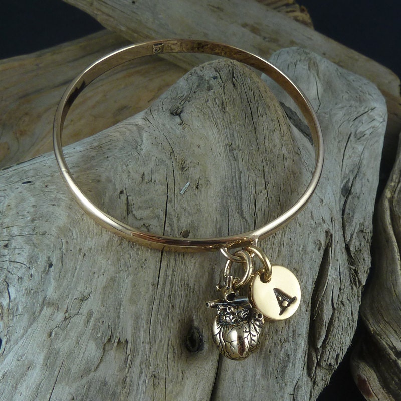 Heart Bangle With Initial Bronze Anatomical Heart Bangle | Etsy