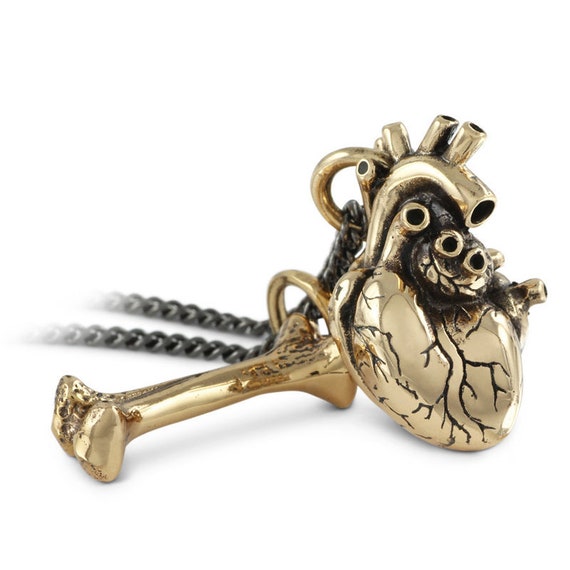 Anatomical Heart and Femur Bone Necklace - Bronze Heart and Bone Pendant