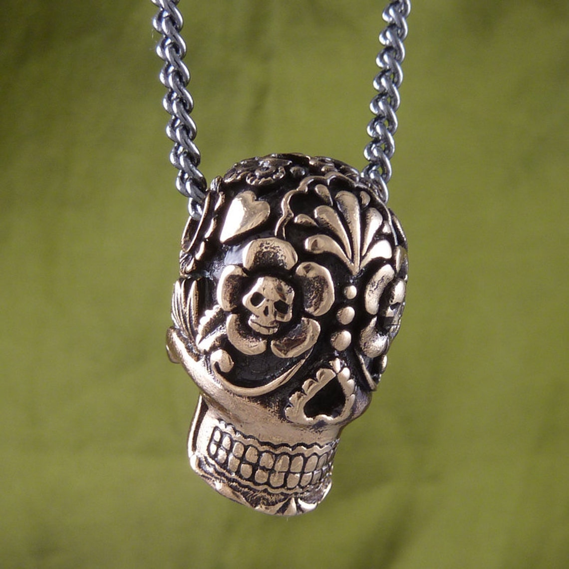 Sugar Skull Necklace Bronze Sugar Skull Pendant Skull Etsy
