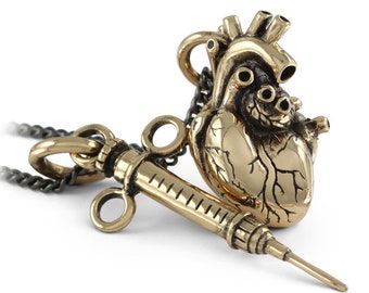 Anatomical Heart and Syringe Necklace - Bronze Heart and Syringe Pendant - Gothic Necklace