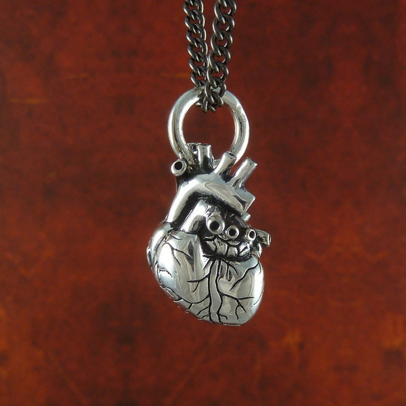 Small Anatomical Heart Necklace Antique Silver Small Anatomical Heart Pendant image 1
