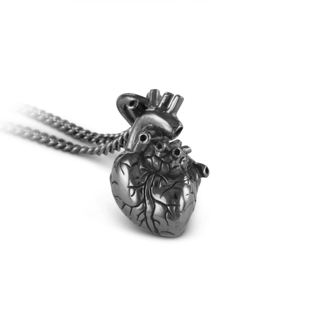 Sterling Silver Small Anatomical Heart Necklace Small Black Sterling
