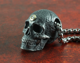 Skull Necklace - Sterling Silver Human Skull with 10k Gold and Diamond - Fine Skull Jewelry