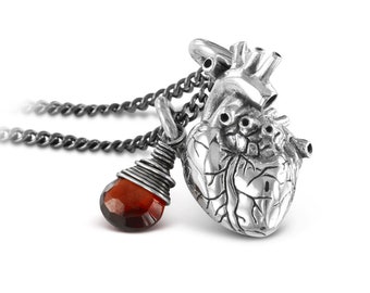 Sterling Silver Small Anatomical Heart with Garnet - Polished Finish