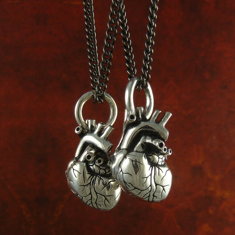 Anatomical Heart Necklaces Two Hearts Hearts for Lovers Two Antique Silver Small Anatomical Heart Pendants on 24 Gunmetal Chains image 5