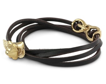 Flying Pig Bracelet - Bronze Flying Pig Leather Wrap Bracelet