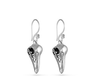 Bird Skull Earrings - Antique Silver Raven Skull Earrings