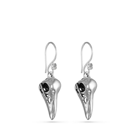 Bird Skull Earrings - Antique Silver Raven Skull Earrings