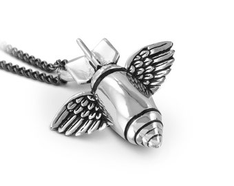 Bomb Necklace - Antique Silver Flying Bomb Pendant