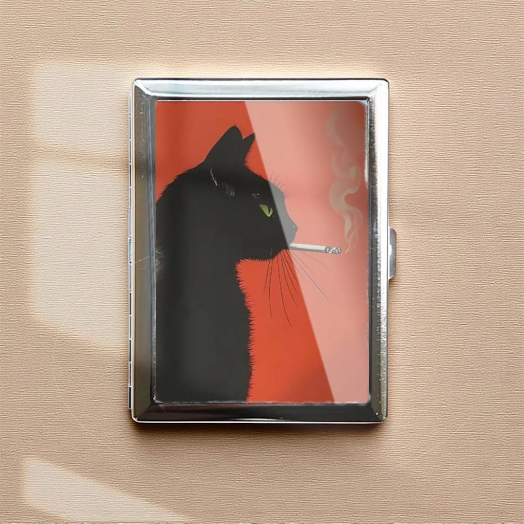 cat cigarette case Black Cat Smoking Vintage Holder Cigarette Case Money Wallet Gift for Him