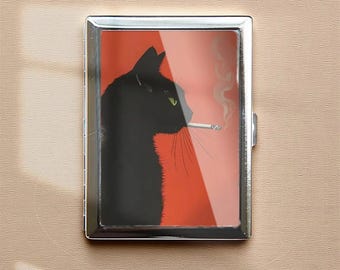 Estuche vintage para cigarrillos con diseño de gato negro fumando, monedero, regalo para él