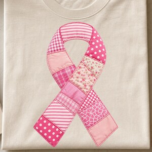 Realistic Patchwork Breast Cancer Ribbon PNG, Pink Ribbon Design, Floral Polka Dot Sublimation, Cancer Support Shirt Graphic, October Ribbon