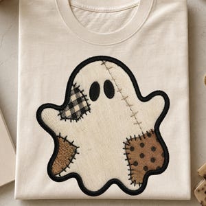 Fantasma de patchwork falso PNG, design de fantasma de Halloween, fantasma vintage com costura, design de camiseta de Halloween estilo cottagecore, PNG moderno de outono, PNG de outono