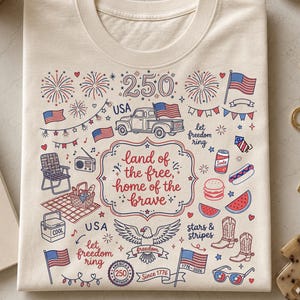 4th of July PNG shirt, 250th Anniversary Design, Patriotic Collage Artwork, Red White Blue Graphic, Fun Celebration Digital Download