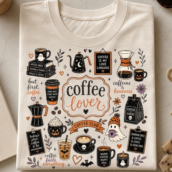 ハロウィンコーヒー好きPNG、不気味なコーヒー中毒シャツデザイン、かわいいゴーストコーヒークリップアート、パンプキンスパイス昇華PNG、トレンディな秋のPNG