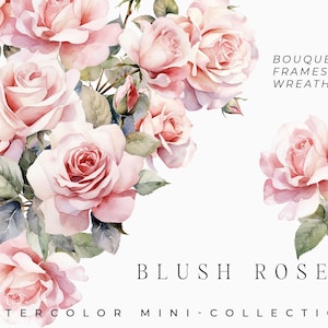 Puede incluir: Ilustración en acuarela de rosas rosa rubor con hojas y capullos verdes. La imagen incluye el texto "Blush Rose" y "Watercolor Mini-Collection", con opciones de ramos, marcos y coronas.