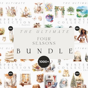 May include: A digital collection of watercolor illustrations titled The Ultimate Four Seasons Bundle, featuring seasonal imagery including spring flowers, summer beach scenes, autumn foliage, and winter holiday motifs with text overlays.