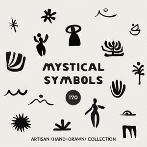 Puede incluir: Una colección de símbolos místicos negros dibujados a mano sobre un fondo crema. El texto "MYSTICAL SYMBOLS" se muestra en negrita, con letras negras. La imagen también incluye el texto "ARTISAN (HAND-DRAWN) COLLECTION" y un gráfico circular con el número "170".