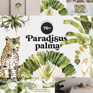 Puede incluir: Composición de arte digital con un leopardo, monos y plantas tropicales. El texto "Paradisus Palma" se muestra de forma destacada, junto con "Patterns & DIY" y el número "70+". La obra de arte tiene un tema de jungla.