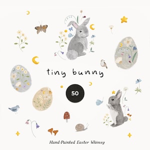 Puede incluir: Ilustración en acuarela con un conejito gris, huevos de Pascua, mariposas, flores y otros elementos caprichosos. Se incluye el texto "tiny bunny" y "50". También está presente la frase "Hand-Painted Easter Whimsy".