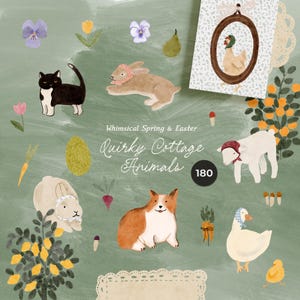 May include: A collection of watercolour illustrations featuring quirky cottage animals, including a black and white cat, a brown rabbit, a corgi, a sheep, and a duck. The image also includes flowers, carrots, and an egg. Text reads "Whimsical Spring & Easter" and "Quirky Cottage Animals."