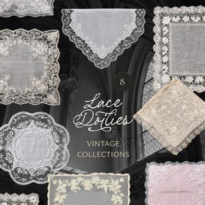 Puede incluir: Una variedad de tapetes de encaje vintage en varias formas y diseños. Los tapetes son blancos, crema y rosas, con intrincados patrones florales y geométricos. La imagen incluye el texto "Lace Doilies Vintage Collections" y el número "8".