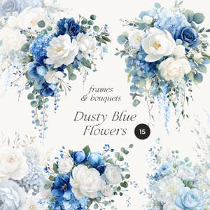 Może przedstawiać: Akwarelowe kompozycje kwiatowe z białymi piwoniami, niebieskimi hortensjami i liśćmi eukaliptusa. Wyświetlany jest tekst "frames & bouquets" i "Dusty Blue Flowers". Obecne jest również czarne koło z numerem 15.