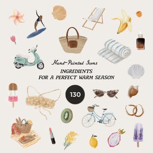 May include: Watercolor illustration of summer icons, including a beach bag, sunglasses, a scooter, and a bicycle. The text reads "Hand-Painted Icons, Ingredients for a Perfect Warm Season."