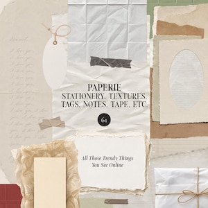 Könnte beinhalten: Eine Collage aus Schreibwarenelementen mit strukturiertem Papier, gerissenen Kanten, einem weißen ovalen Anhänger mit Schnur, Klebeband und einem verpackten Paket. Der Text lautet: PAPERIE STATIONERY, TEXTURES, TAGS, NOTES, TAPE, ETC. 61 und All Those Trendy Things You See Online.