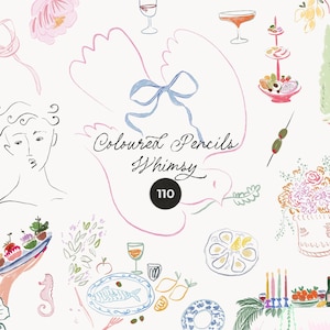 May include: Watercolor illustration with the text "Coloured Pencils Whimsy 110". The image features drawings of food, drinks, a dove, a woman's face, and floral arrangements in pastel colors.