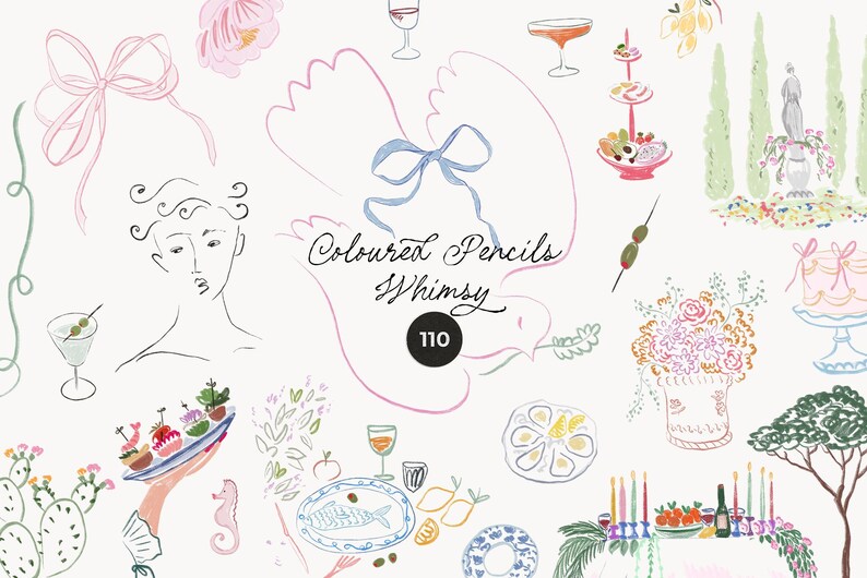 May include: Watercolor illustration with the text "Coloured Pencils Whimsy 110". The image features drawings of food, drinks, a dove, a woman's face, and floral arrangements in pastel colors.
